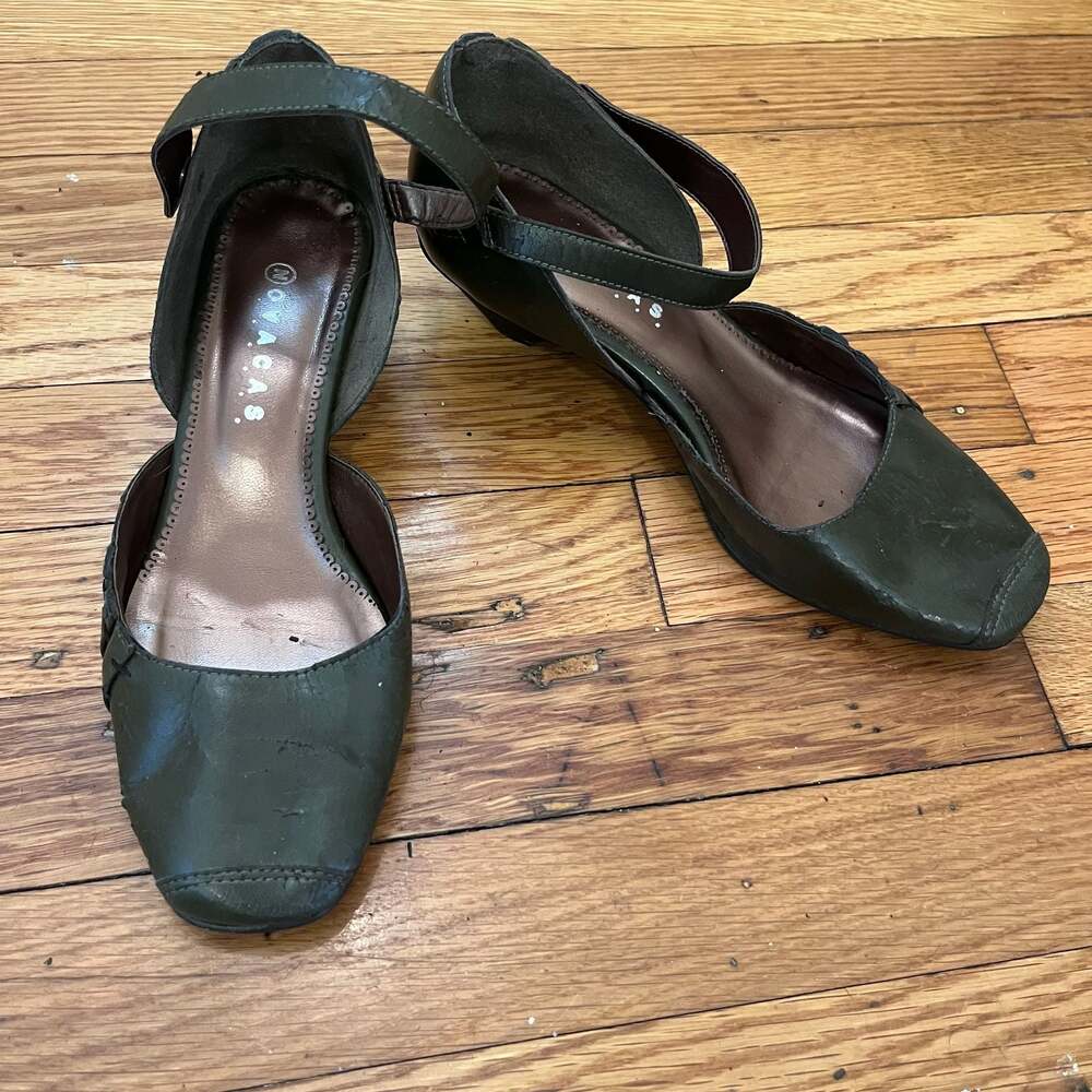 Novacas Vegan Olive Green Low Wedge Ankle Strap Mary Jane Shoes